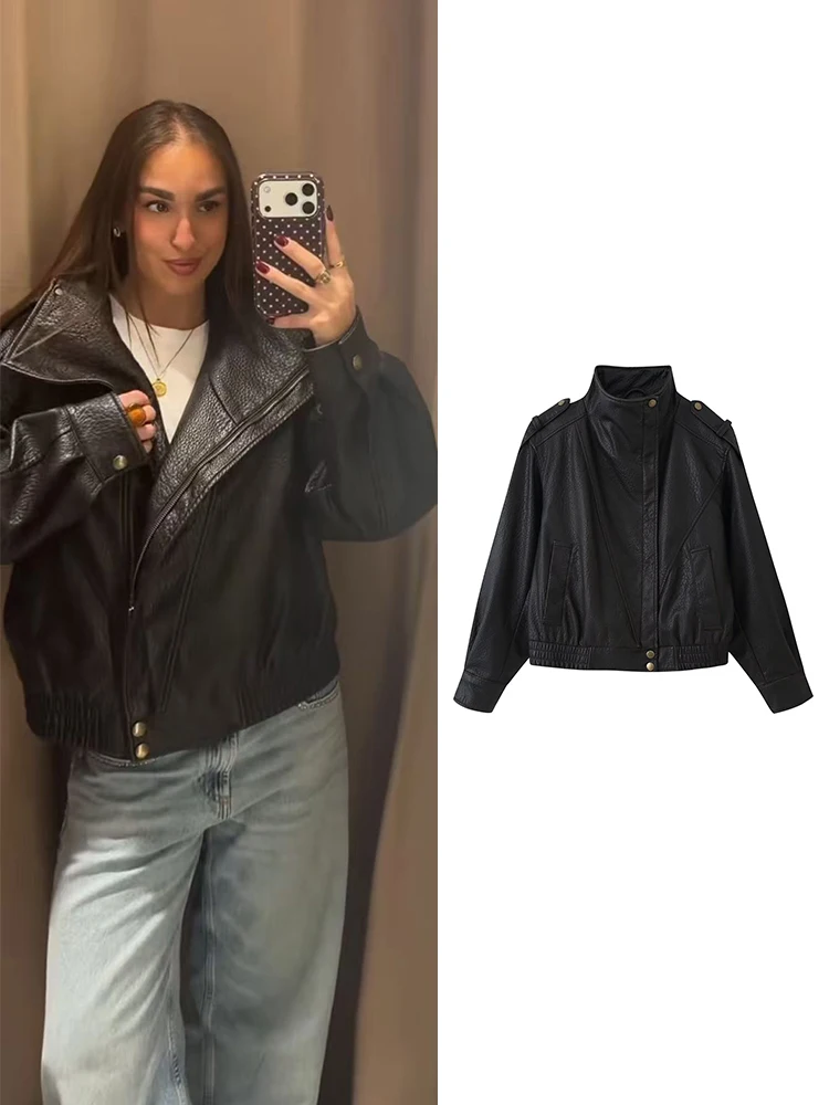 TFMLN New Women Stand Collar PU Jacket Fashion Solid Zip Faux Leather Jacket Elastic Hem Loose Side Pocket High Street Coat