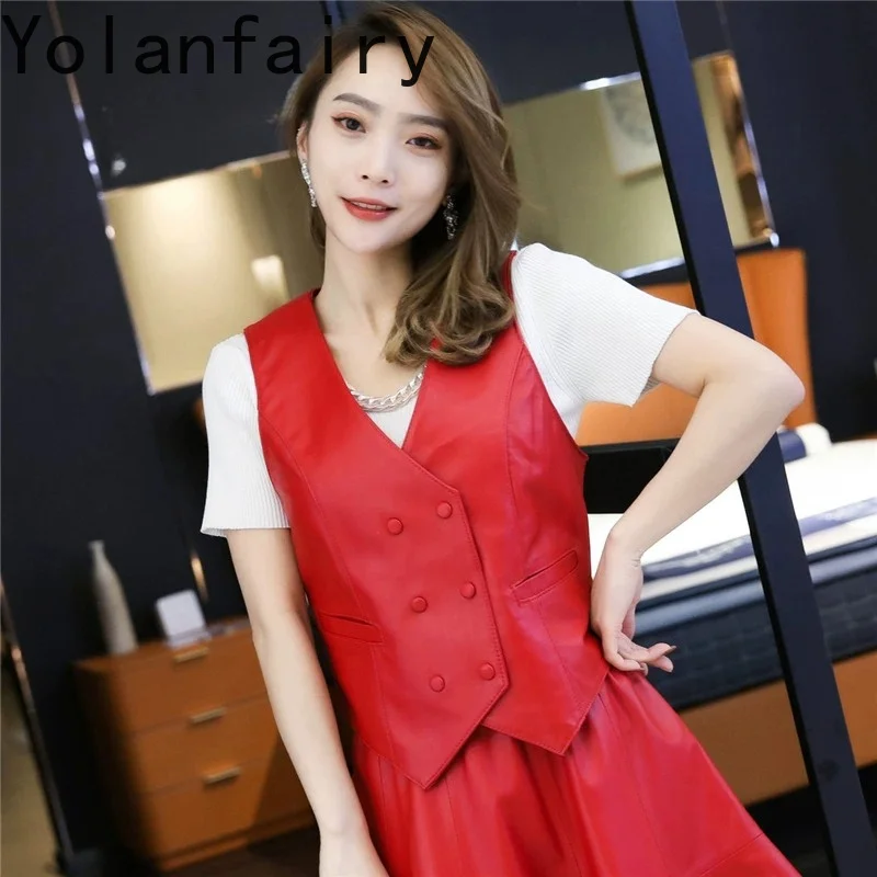 YOLANFAIRY Women Short Genuine Sheepskin Waistcoat Autumn Slim Sleeveless Jacket Red V Neck Real Leather Gilet Vest Outer Coat