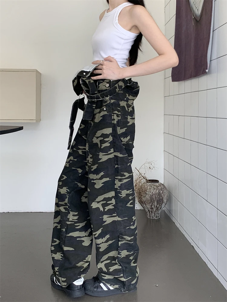 ReddaChic Camouflage Print Denim Overalls for Women Vintage Harajuku Oversize Adjustable Straps Jumpsuit Casual Summer Work Wear