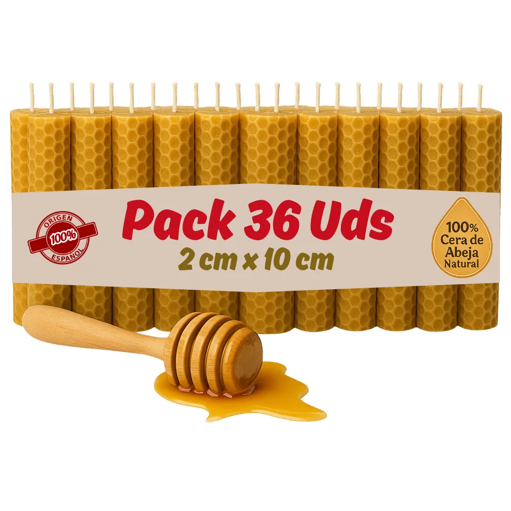 Vadeincienso Lote de 36 velas de cera  de abeja  2 x 10 cm sin parafina y cera nacional de apicultores españoles hechas a mano una a una por nosotros