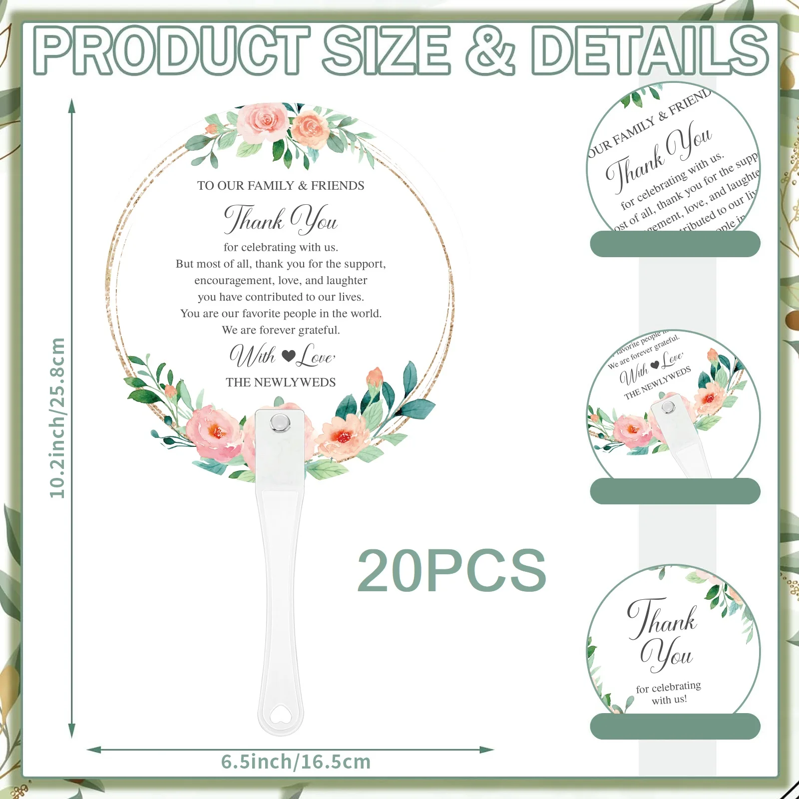 Wedding Thank You Fans 20-Piece Set - 10.2-inch Plastic Flower Fans, Bridesmaid Gifts, Guest Favors, Wedding Cooling Fans