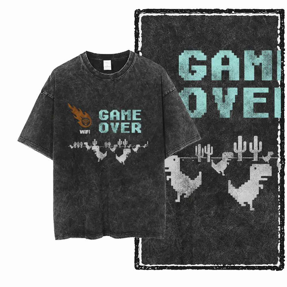 ZH DINO GAME THEME Printed Cotton Acid Washed Exclusive Graphic Unisex T Shirt Cool Streetwear Men Tshirts Big Size Tee for men image 4