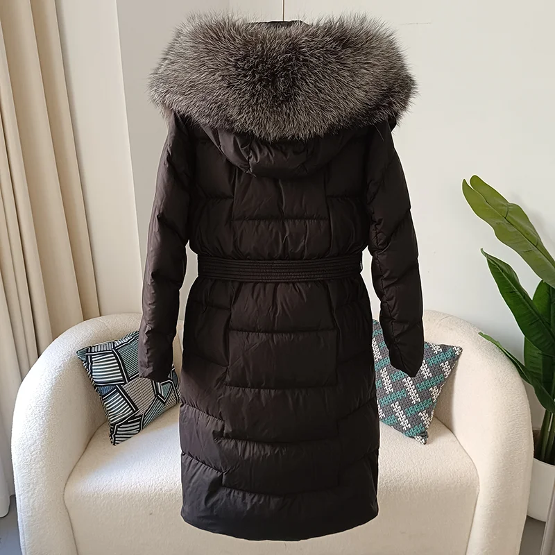 2023 Nieuwe Echte Vossenbont Kraag Winter Vrouwen Witte Eendendendons Lange Jas Riem Dames Dikke Warme Jas Luxe Slanke Bovenkleding Met Capuchon