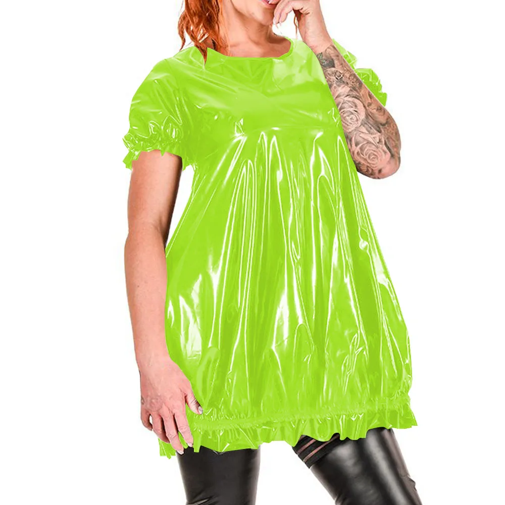 

Faux Latex Puff Short Sleeve Loose Casual Dress Women O-neck A-line Mini Dress Summer Slim Fit PVC Dress Female Party Vestido