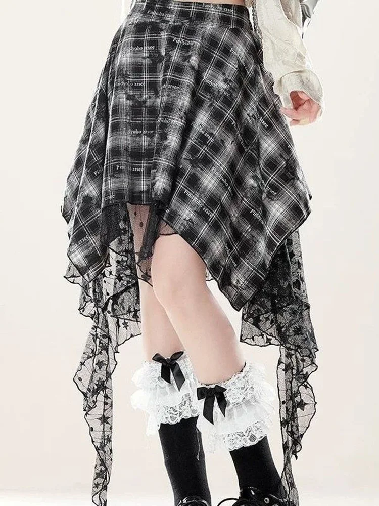Lace Patchwork Y2K Plaid Skirt Women Vintage Gothic High Waist Irregular Mini Skirts Harajuku Retro Streetwear Letter Skirt New