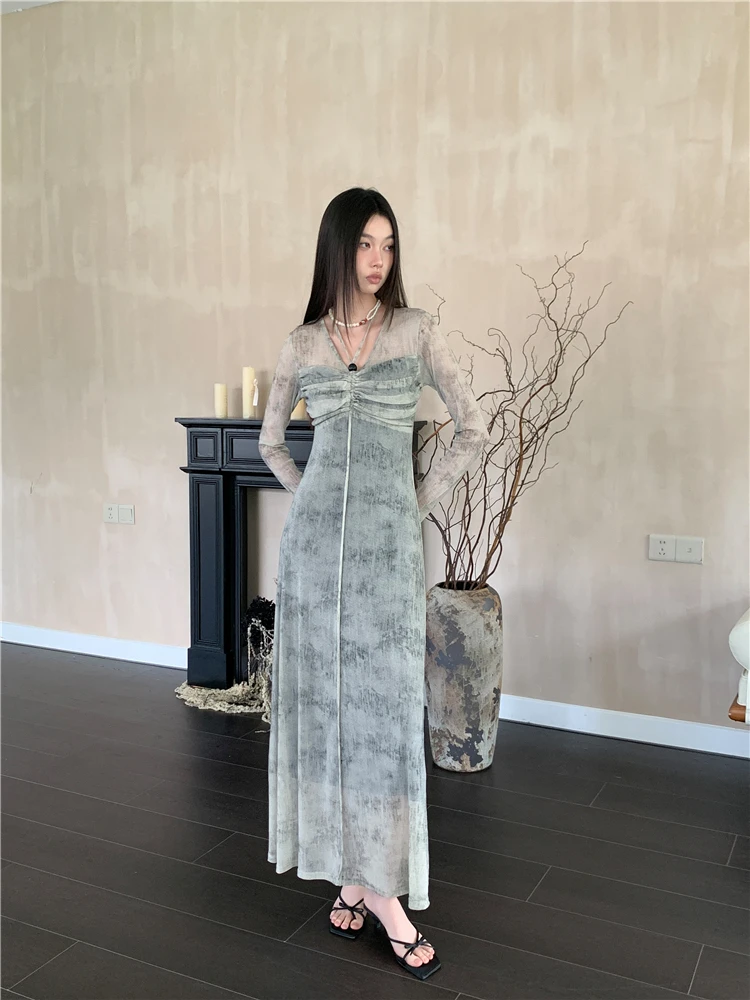 CHEERART Tie Dye Fall Clothes 2024 Women Long Sleeve Maxi Dress High Fashion V Neck Tunics A Line Long Dress Designer Fashion