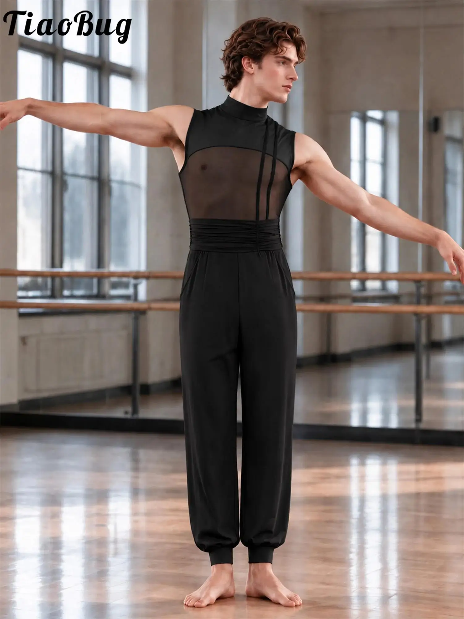 Men Rhythmic Gymnastic Leotard Jumpsuit Figure Skating Modern Ballet Dance Dresses Sleeveless Zipper Ruched Waist Mesh Bodysuit