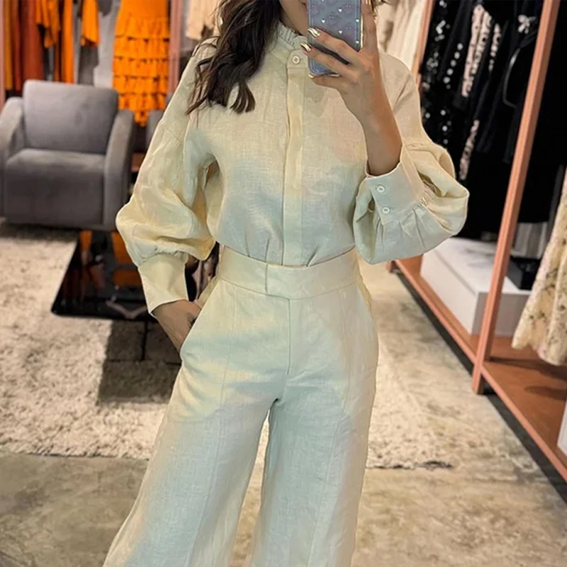 Wefads Fashion Two Piece Set Women Long Lantern Sleeve Round Neck Single Breasted Button Top Loose Straight Pants Set Streetwear