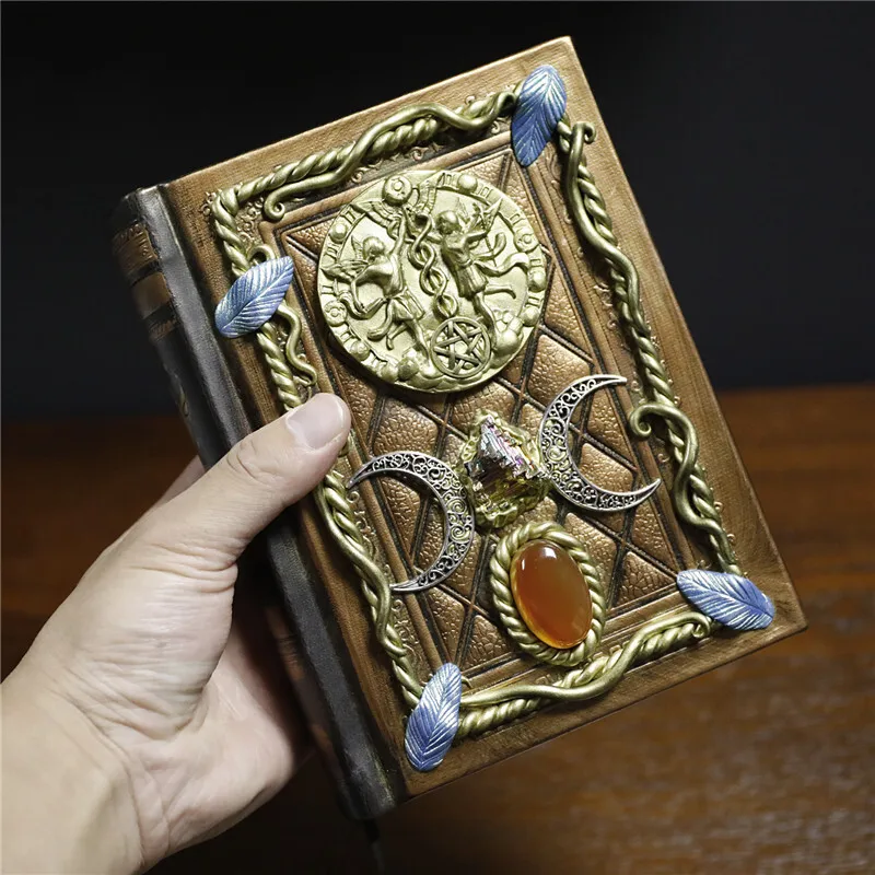 Retro Magic Notebook 3D Relief Sculpture Flying Horse Pentagram Inlaid With Natural Crystal Stone Thickened Multi Page Notebook