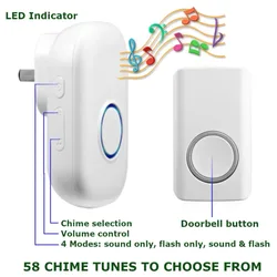 Self Power Wireless Ring Doorbell Kinetic Button Door Bell 58 Melodies LED Indicator Door Chime Set Smart Door Bell