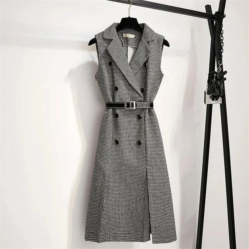 Women Plaid Strap Woolen Vest Dress Autumn Winter New Fashion Sleeveless Long Dress With Sweater 2PCS Elegant Wool Dress Outfit