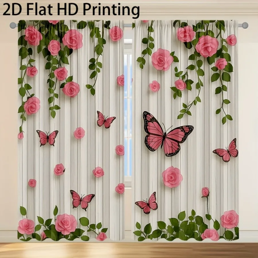 2PCS Digital Print Curtains, Wood Grain Pink Butterfly Rose, Rustic Vintage Floral Decor Shabby Chic Country Bedroom Drapes