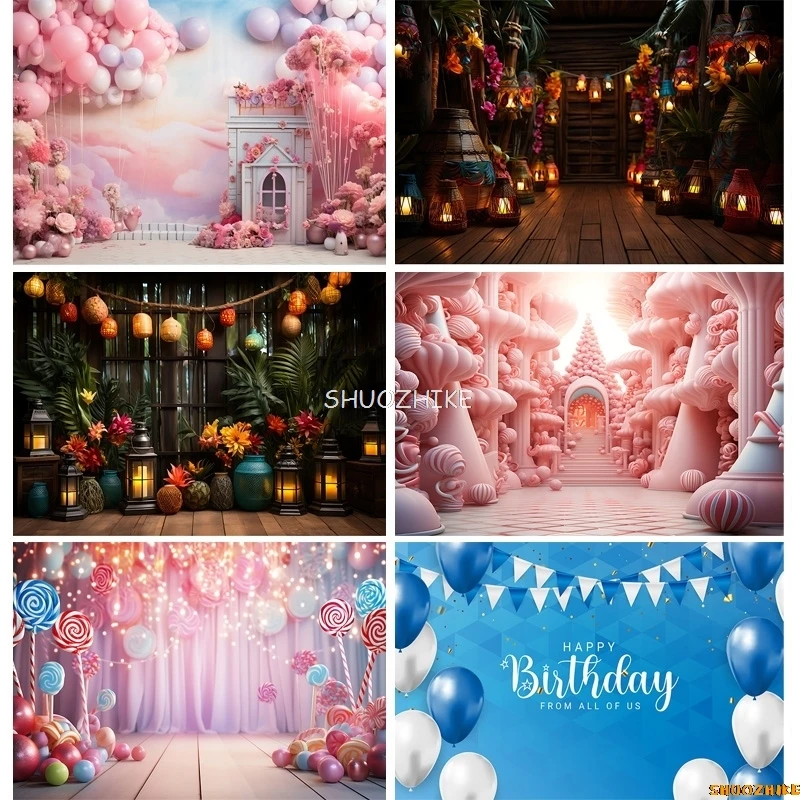 

Adorable 3d Cartoon Photography Backdrops Props Birthday Party Banner Arch Balloons Joyous Candyland Sweetness Background TF-03