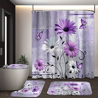 4-piece purple daisy butterfly pattern shower curtain set, non-slip bathroom mat rug, toilet U-shaped mat with hooks
