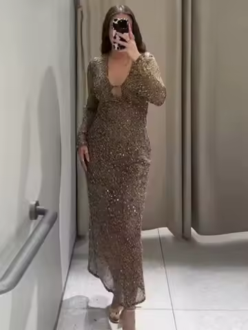 Sexy Sequined Long Pleated Dress Women Deep V-neck Full Sleeve See Through Dresses 2025 Summer Lady Party Evening Dresses