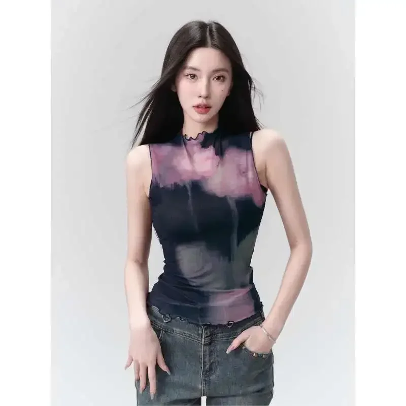 Miiiix Sweet and Cool Spicy Girl Slim Fit Short Black Ear Top Women's Summer Design Feel Mesh Tie Dyed Sleeveless T-shirt