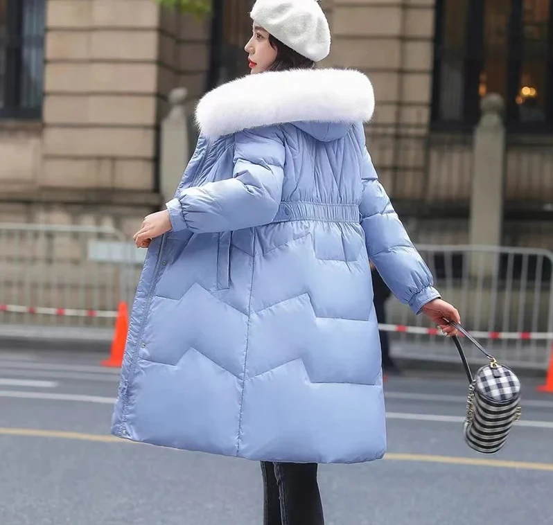 صديقة للبيئة المرأة منتصف طول أسفل سترة طوق الإفراط في الركبة الأبيض بطة ريشة ملابس خارجية نمط تخفيف أنيق #6