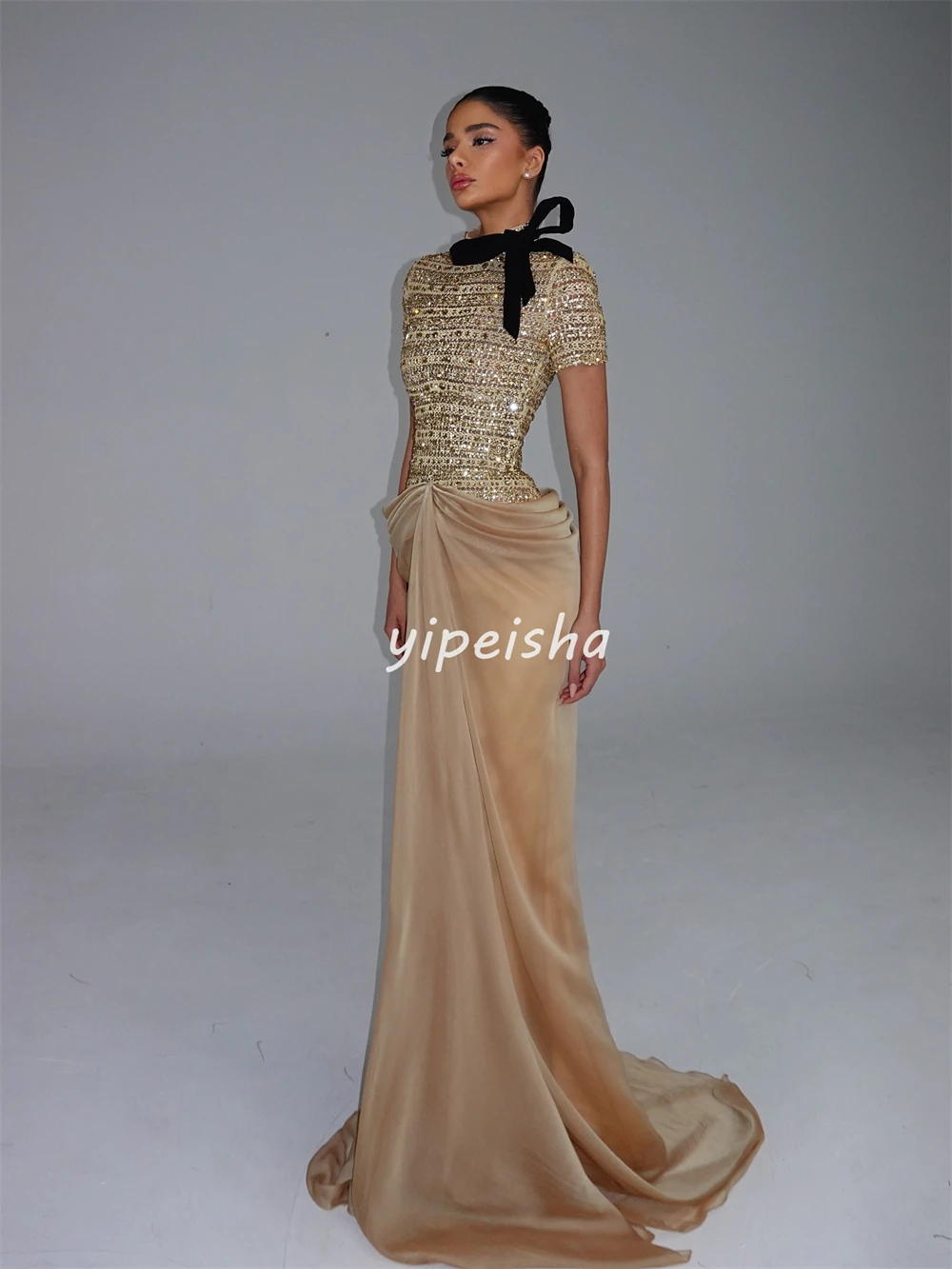Customized High Quality Women Rhinestone Bow Sheath Evening Dresses Fashion High Collar Short Sleeves Floor Lenght Prom Dresses image 3
