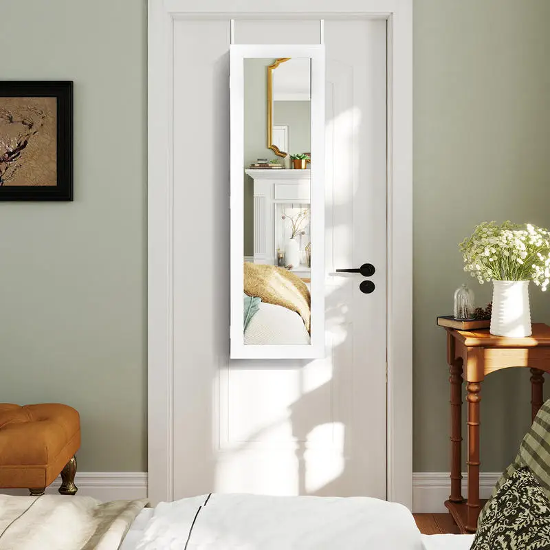 Wall Mounted Jewelry Armoire With Full Length Mirror, MDF Cabinet With Auto LED Lights And Velvet Lining, Large Capacity Organizer For Bedroom Or Store Display, White