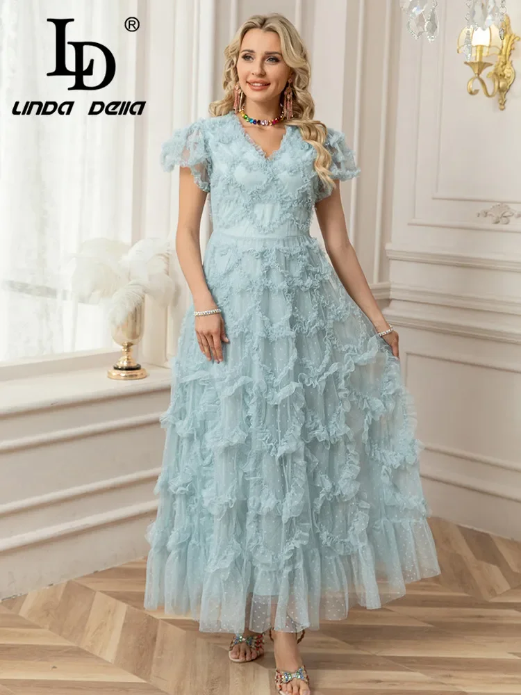 LD LINDA DELLA 2025 Spring/Summer Fashion Design V-neck ruffle edge patchwork short sleeved solid color large swing long dress
