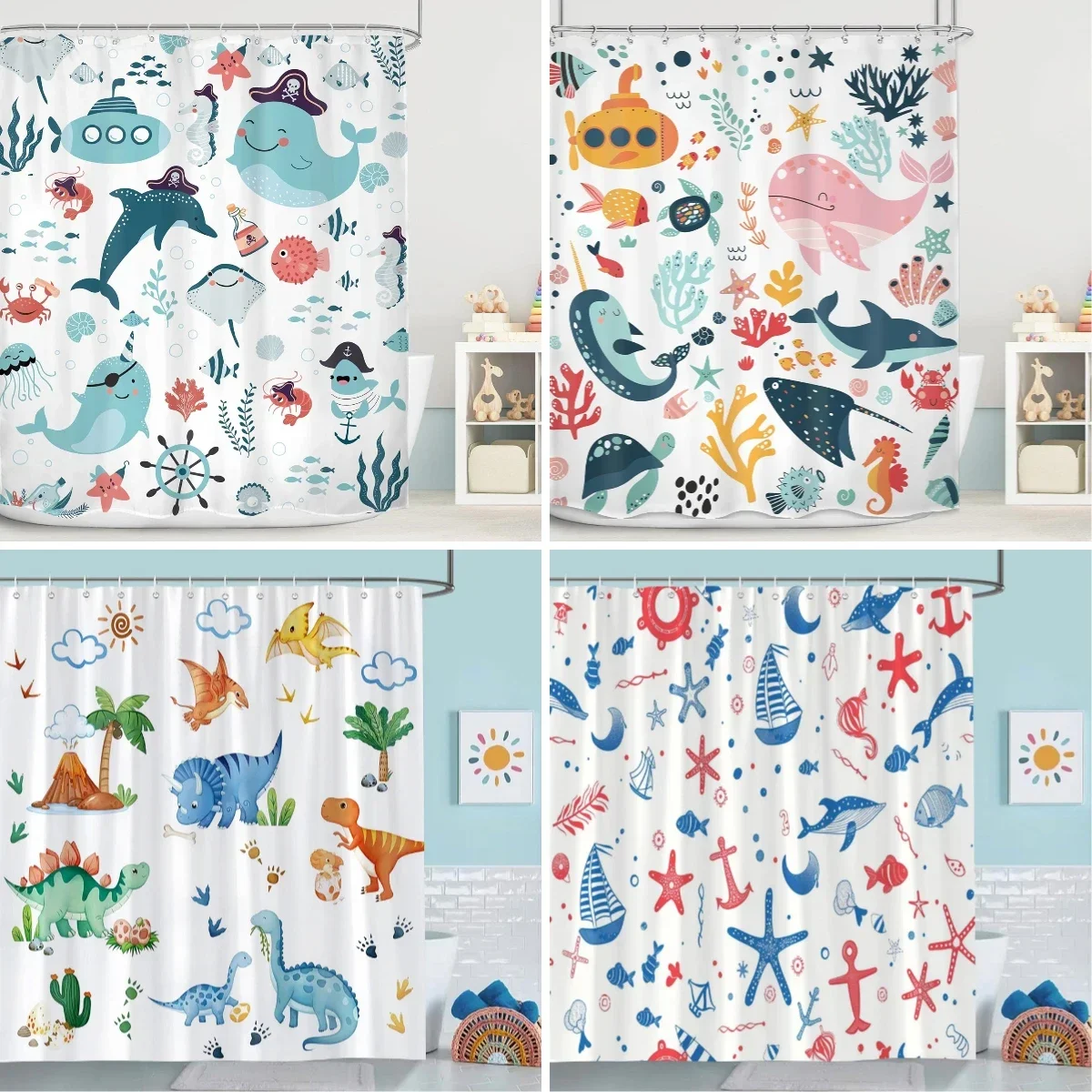 Ocean Cartoon Animal Shower Curtain Pirate Hat Dolphin Sailing Starfish Nautical Polyester Kids Shower Curtains Bathroom Decor