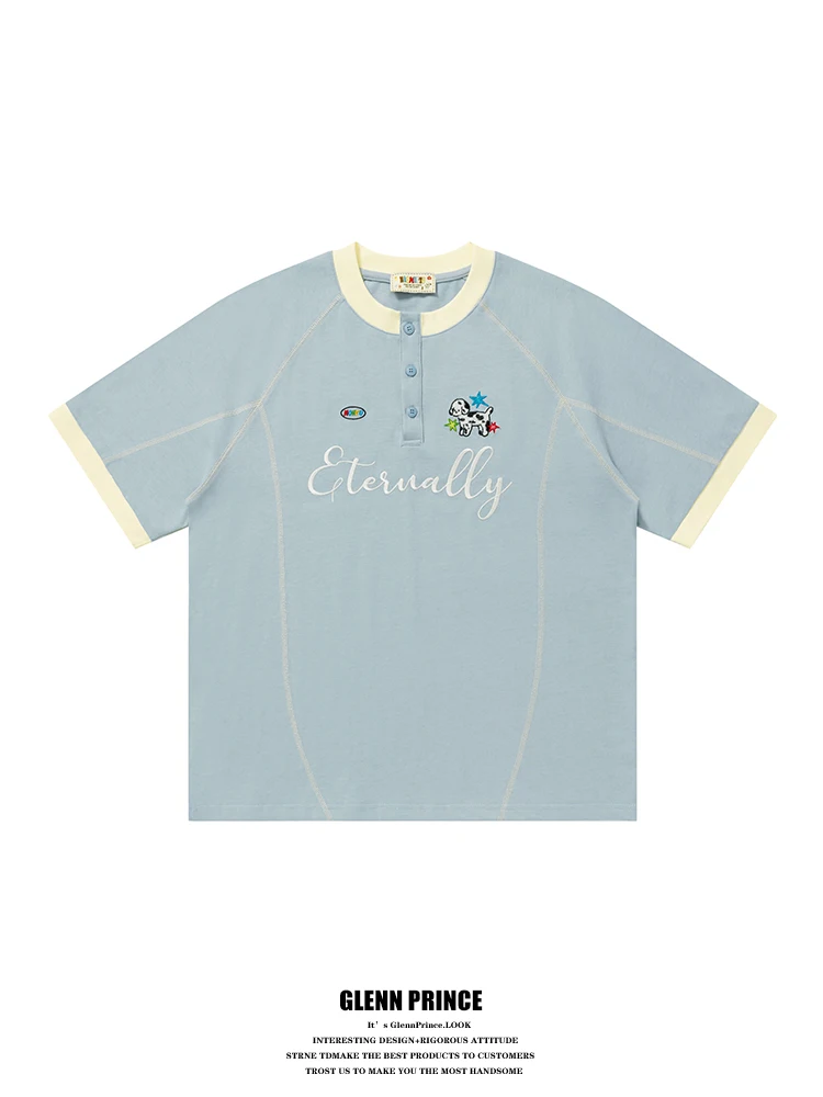 

GPstudio Trendy Cartoon Embroidery Straight Line Henry Collar Short Sleeve T-Shirt Men Summer College Style Sports Couple Tee