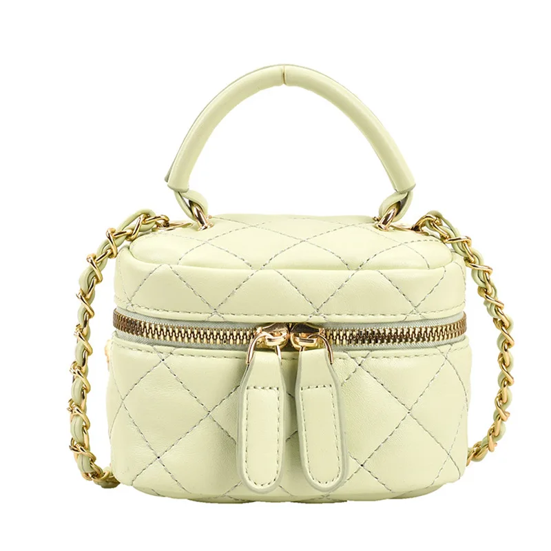 Qunq Fashionable Lingge Embroidered Thread Primary School Girl\'s Square Crossbody Metal Chain Handbag