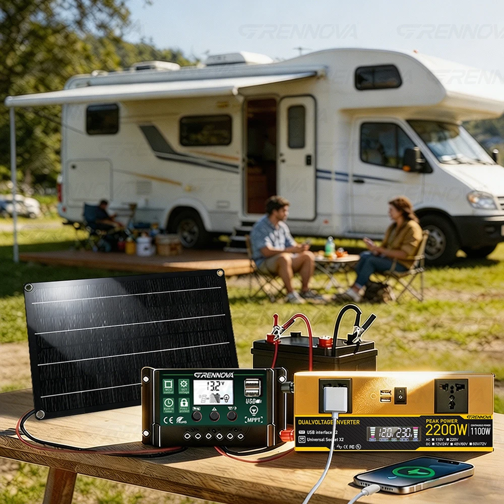 High Efficiency 2200W Peak Solar Inverter Kit Rated 1100W Dual Voltage DC12V/24V AC110V/220V Controller 50W Panel for Outdoor RV