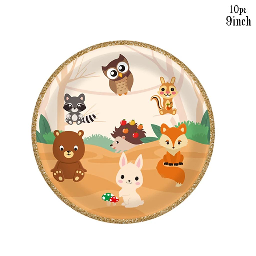 10pcs Jungle Animal Disposable Tableware Cartoon Bear Hedgehog Paper Plate Napkins Cups Happy Wild One Birthday Party Decor