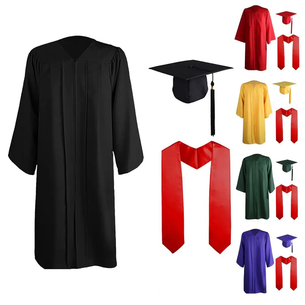 Solid Color Academic Gown Set Adult Graduation Gown Cap Set for Unisex School Uniform Cosplay Bachelor Costume for Women