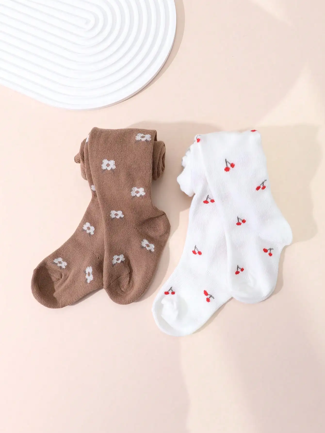 2 Pairs Baby Girls Knit Tights Cherry Floral Print Soft Elastic Cotton Pantyhose Toddler 0-2Y Spring Autumn Daily Casual Outfit view 6