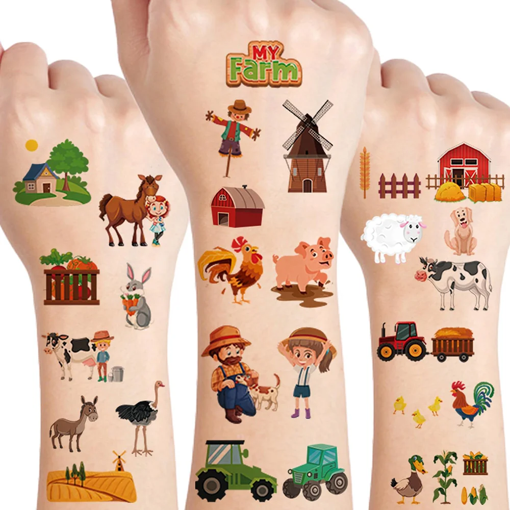 10 Sheets Farm Barnyard Animal Temporary Tattoo Girls Boy Body Arm Shoulder Cute Tattoos Stickers Birthday Party Supplies Gifts