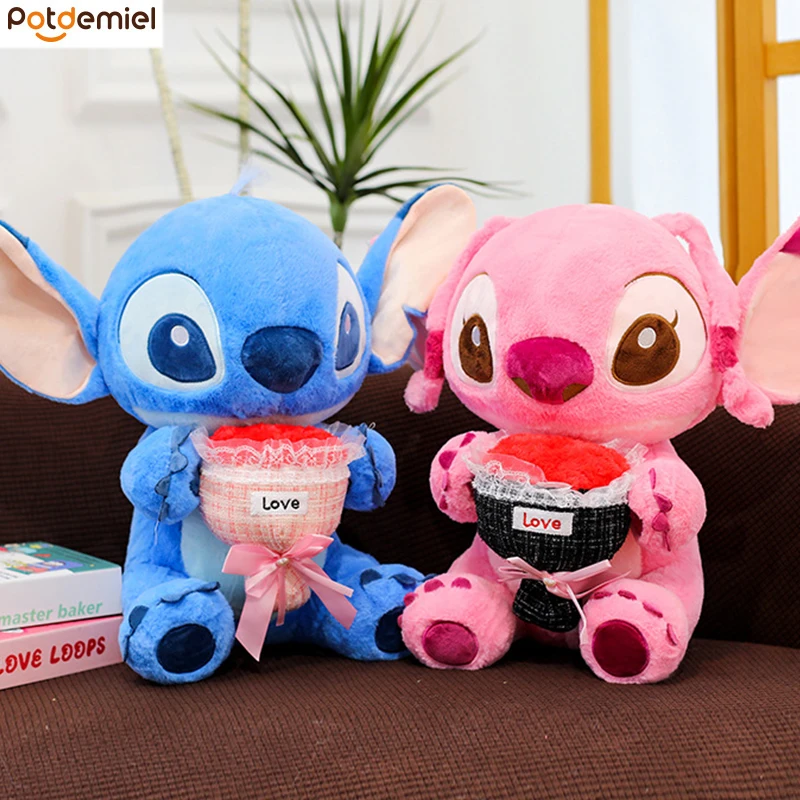 

30cm Lilo & Stitch Hug Rose Bouquet Doll Angel Plush Toys Cartoon Anime Stuffed Plush Doll Pillow Valentine's Day Gifts For Girl