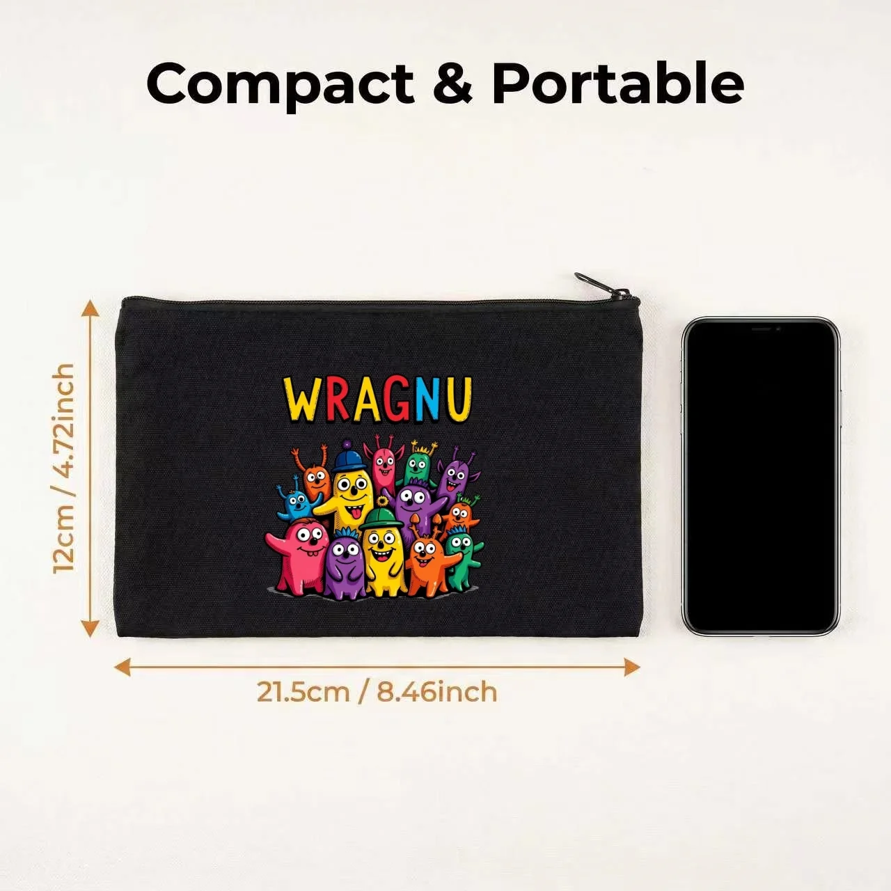 1PC Colorful Cartoon Monster Group WRAGNU Letter Canvas Cosmetic Bag Double Sided Portable Travel Zipper Pouch