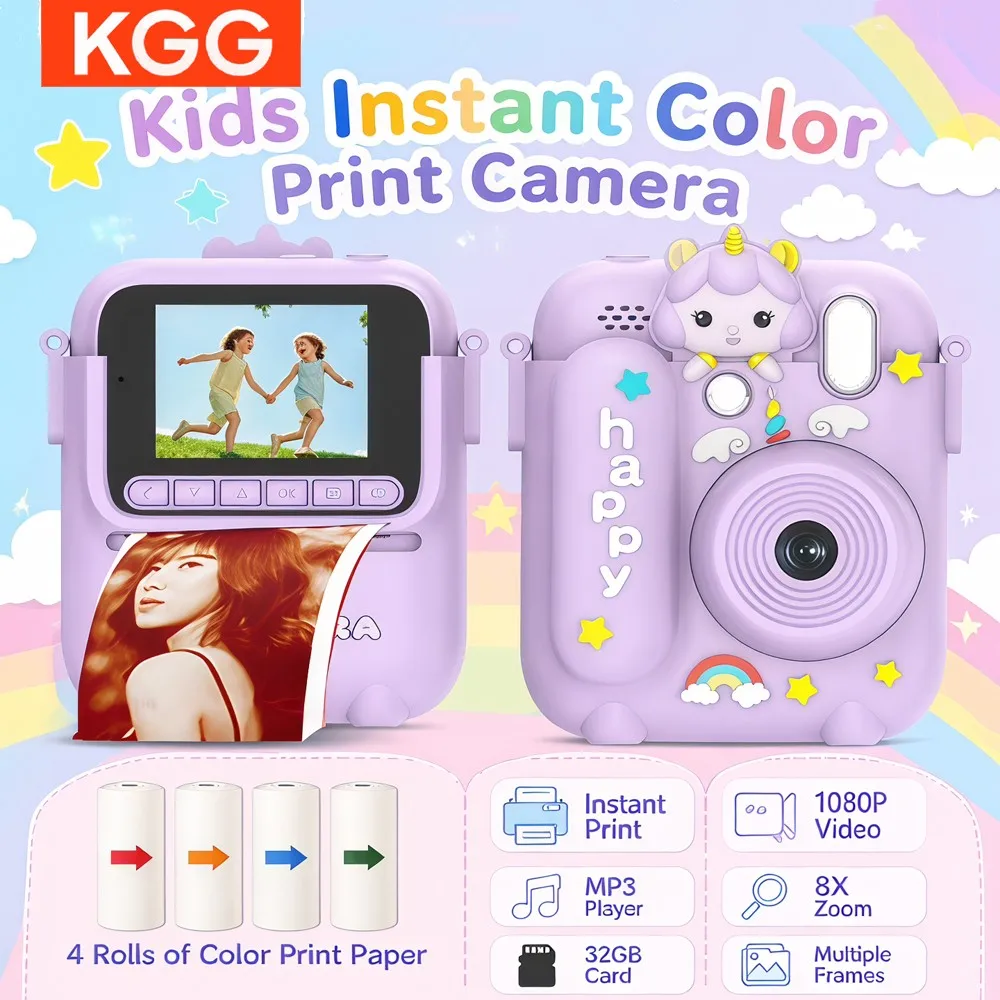 2.4 Inch Screen Kids Instant Print Camera 1080P HD Selfie Digital Camera Portable Printing Toy Camera Birthday Xmas Gift