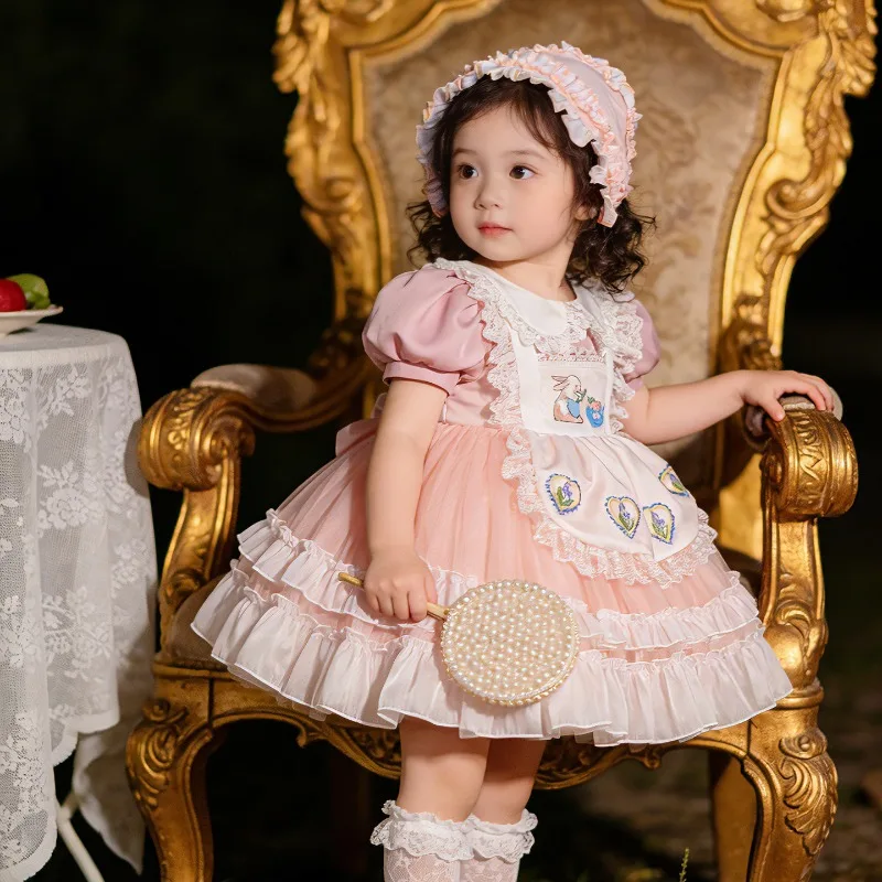 ins Sweet Style Girl Pink Puff Sleeve Skirt Summer Short Sleeve Princess Wedding Dress Flower Girls Birthday Lolita Dress