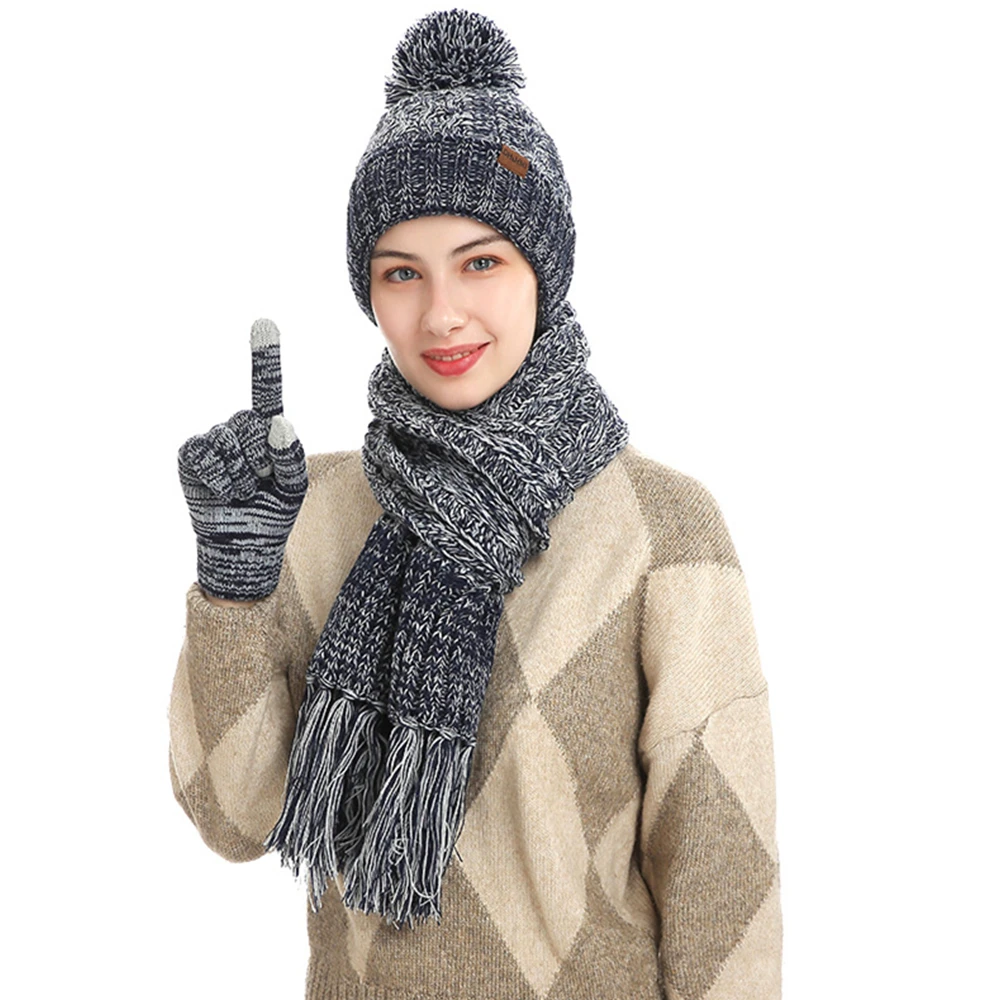 Women Winter Keep Warm Set Fleece Lining Beanie Telefingers Gloves Thicken Scarf Woolen Yarn Knitted Muffler Hat Neckerchief