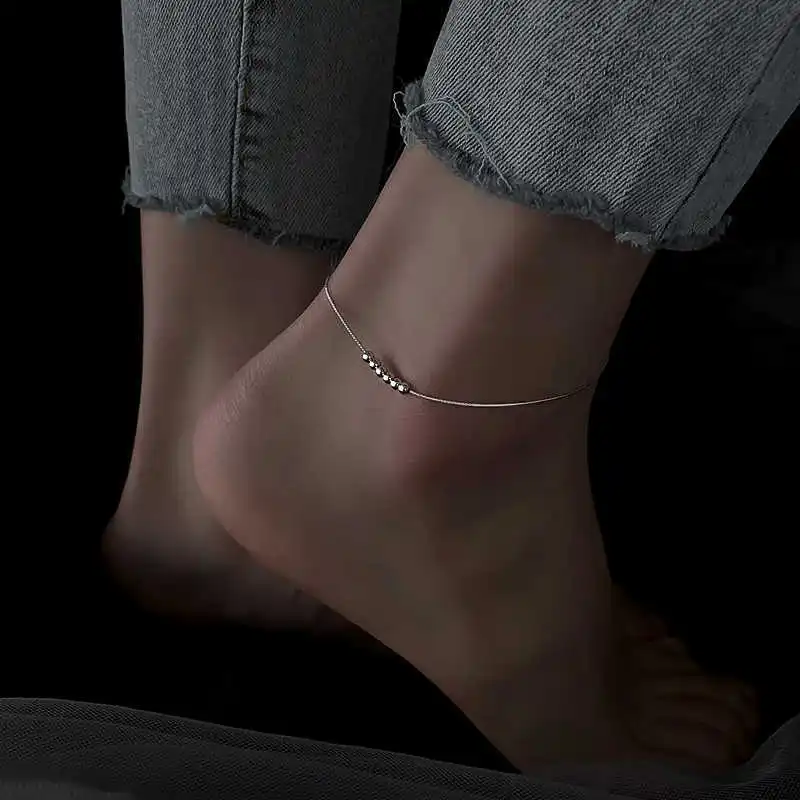Minimalist Slender 925 Sterling Silver Six Round Bead Anklets for Woman Girls Korean Fashion Summer Jewelry Foot Accessory Gifts