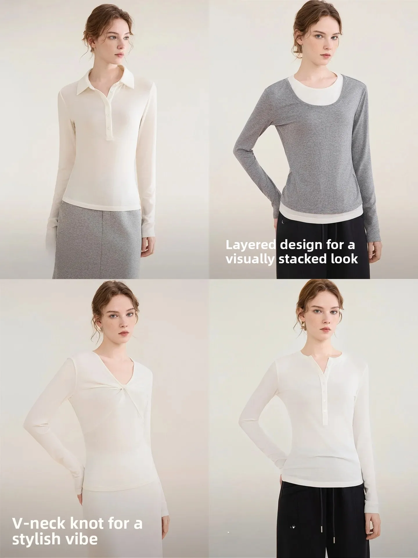 ELLE Women's Long Sleeve Wool Blend Base Shirt Casual Henry Collar Top Autumn Fashion Casual T-shirt Comfortable Fit Tee