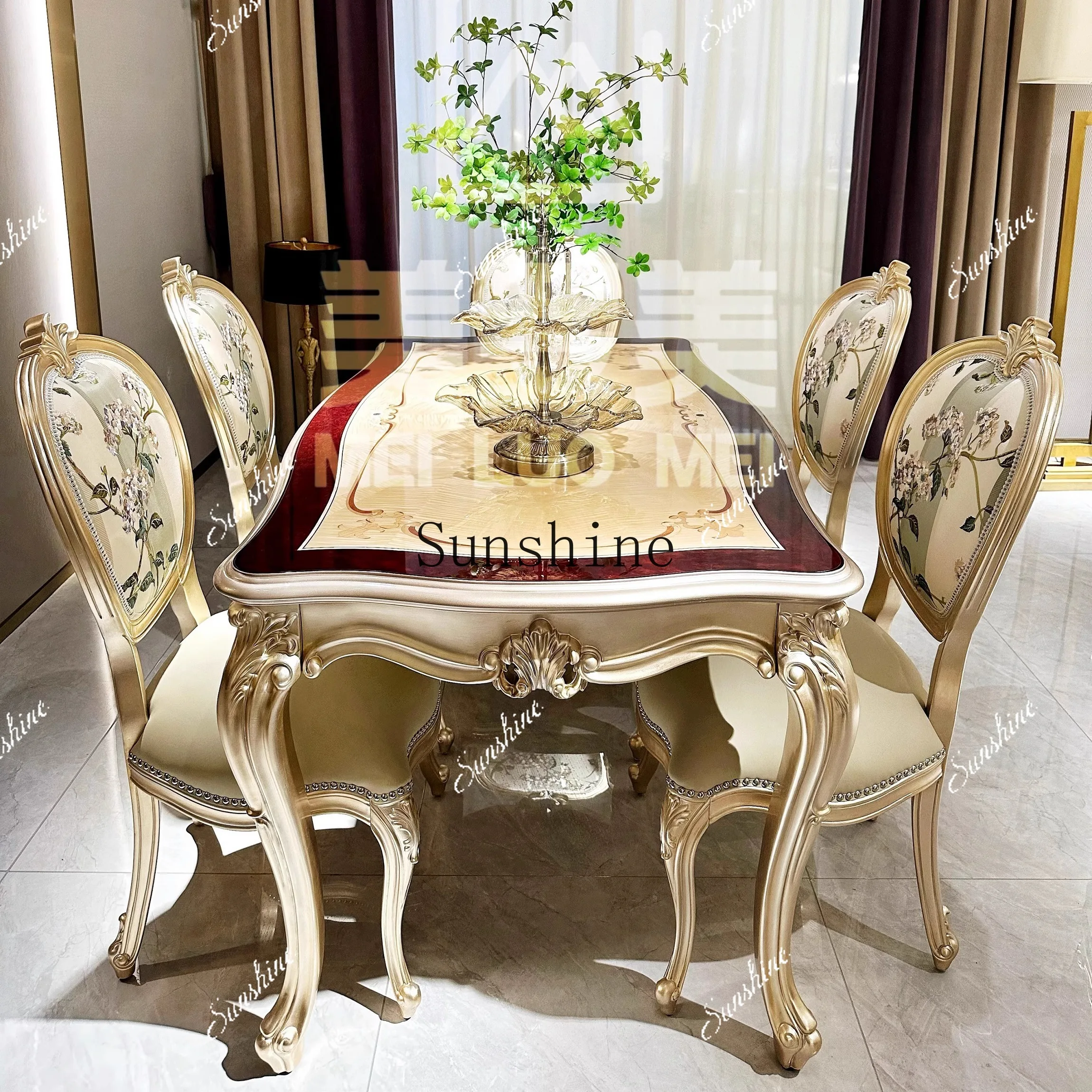 French light luxury solid wood carving flower long palace high-end luxury silver foil dining table and chair combination  FT