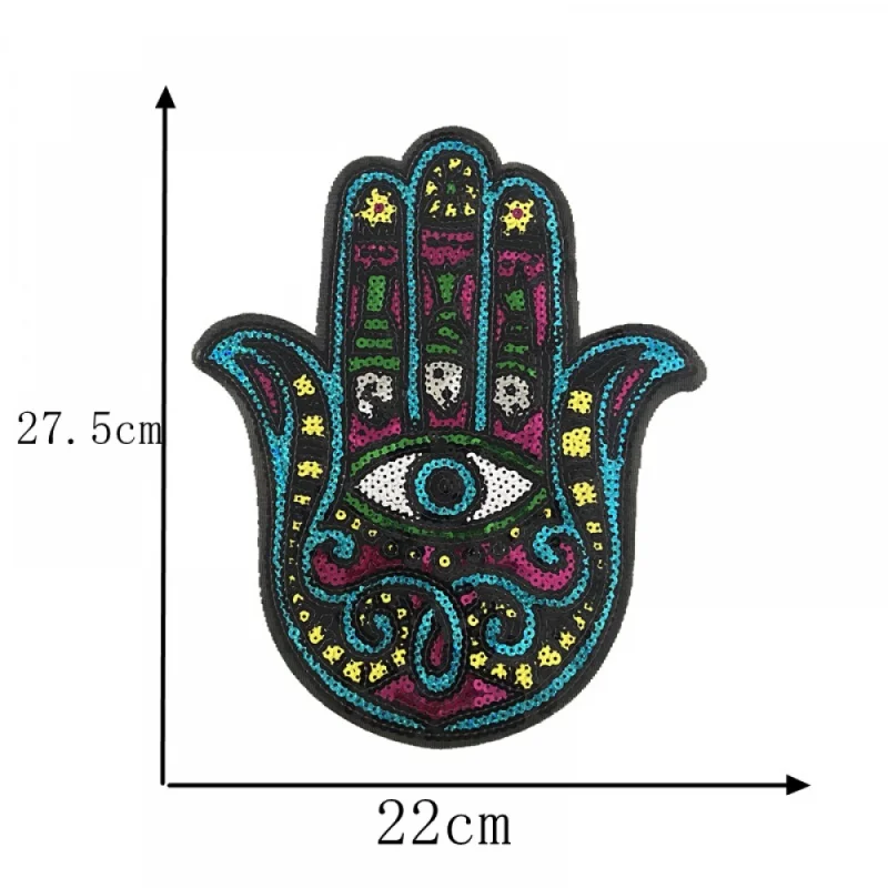 New Arrival Hamsa Hand Sequined Iron on Patches for Clothes DIY Accessories Big Hand Eye Sequins Embroidery Appliques Patches