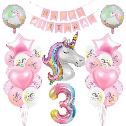 Birthday Party Decoration 28Pcs Rainbow Unicorn Balloon Number Globos for Girls First Balloon Decor 1 2 3 4 5 Years Old