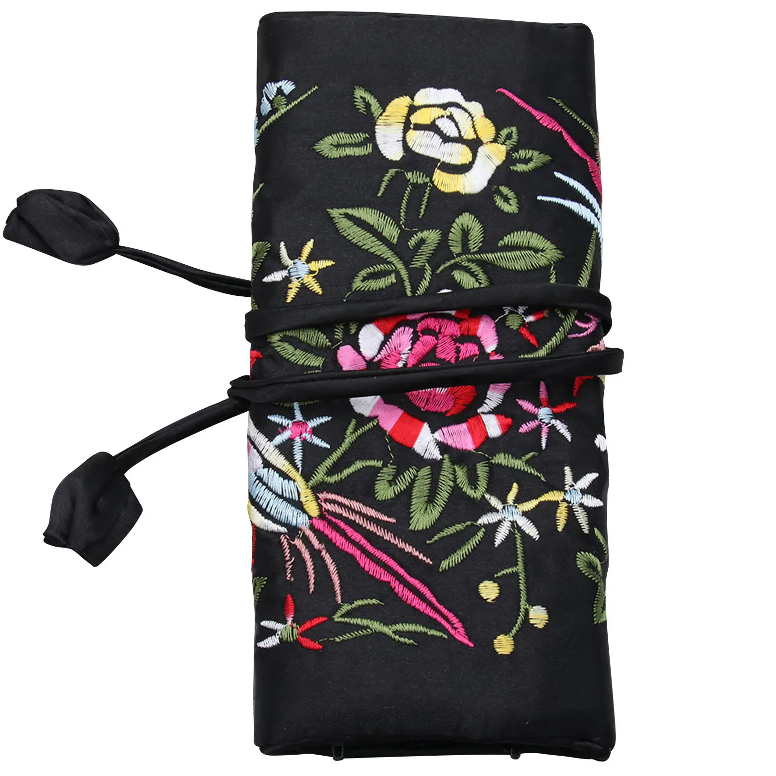 Jewelry Roll Bag Embroidered Handmade Chinese Flower Pattern Silk Satin Large Pocket Small Zippered Pockets Travel