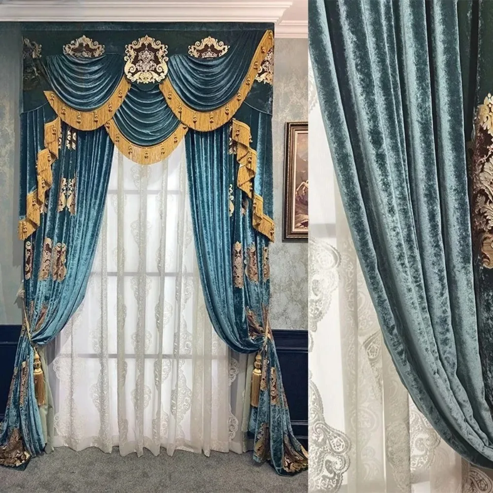 Customized Blue Gilded Embroidered Velvet Fabric for Palaces Curtains for Living Rooms Bedrooms Villas High Window Screens Tulle