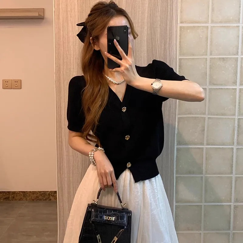 Korean Style Summer New Ice Silk Black Chanel-inspired Knitted Short-sleeved Cardigan Women\'s Top Body-shaping Waist-cinching T