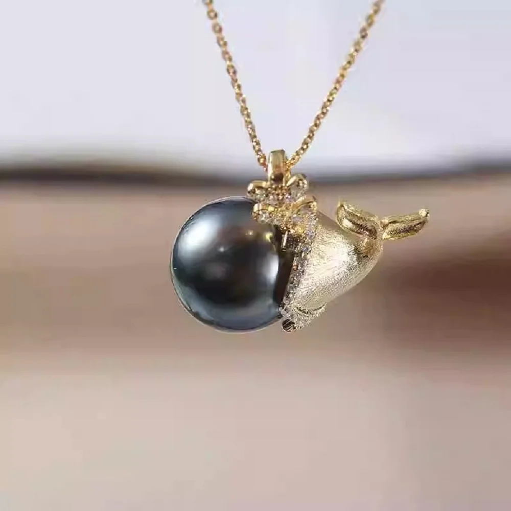 

Изысканный, милый и сладкий кулон AAA11-12 мм, натуральный таитянский круглый жемчуг, кулон с хвостом кита, 18 дюймов/925 с.