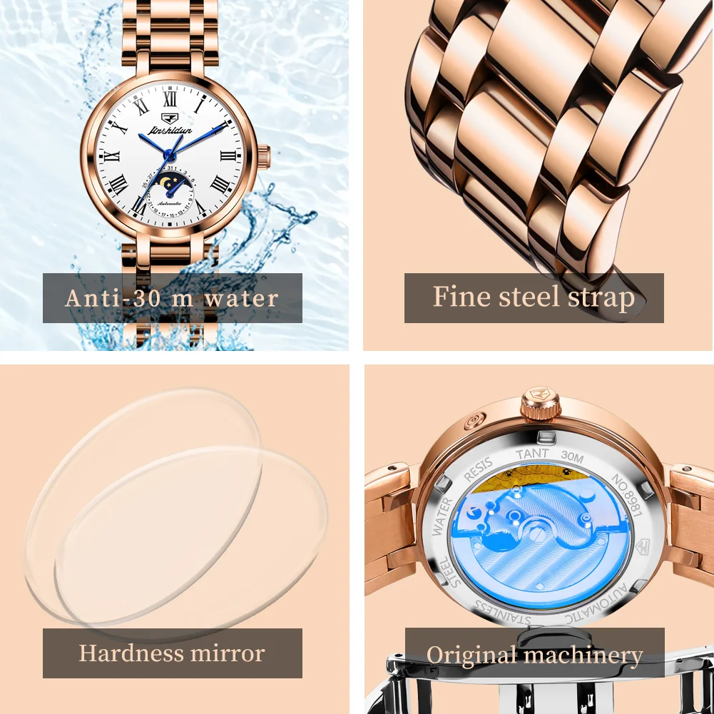 JSDUN 8981 Woman Watch Roman Scale Moon Phase Watch For Women Business Date Waterproof Automatic Mechanical Original Wristwatch
