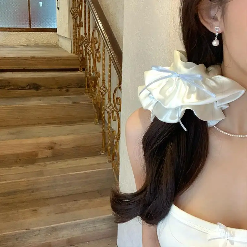 Balletcore French White Ruffled Bow Large Scrunchies High Elasticity Non Slip Hair Ties for Women Ponytail Bun Holder