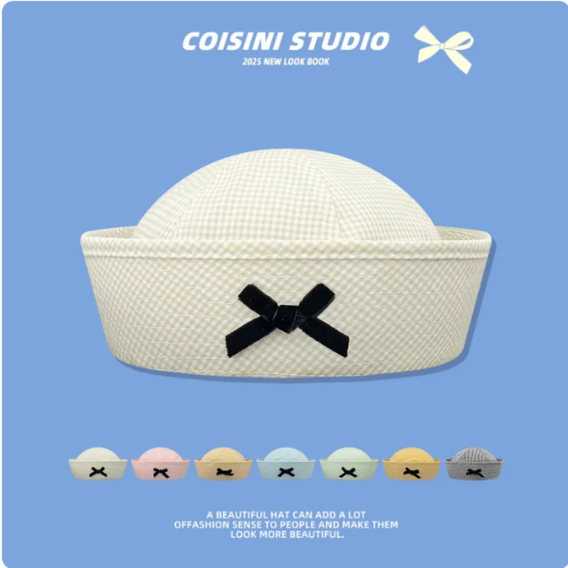 Korean Version Cute Sweet Bow Plaid Sailor Hat Spring and Summer Flipped Brim Versatile JK Dome Beret Cap for Women's 2