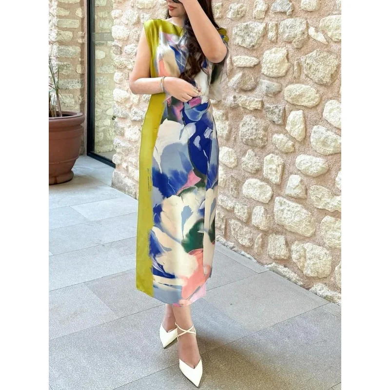 

Women's Sexy Asymmetric Maxi Dress round Neck Zipper Print Beach Fashion Spring Summer Party Department Dress